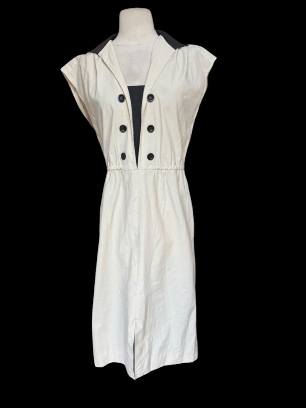 1970s does 20s & 40s Light Beige & Black Poly Blend Nautical-Inspired MIDI Dress
